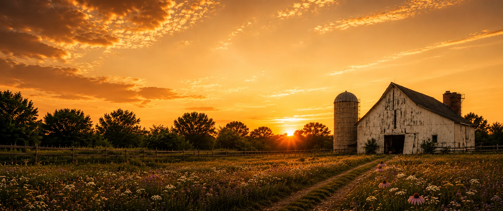 A farm and wildflowers in the warm light of a Southern Indiana-inspired sunset